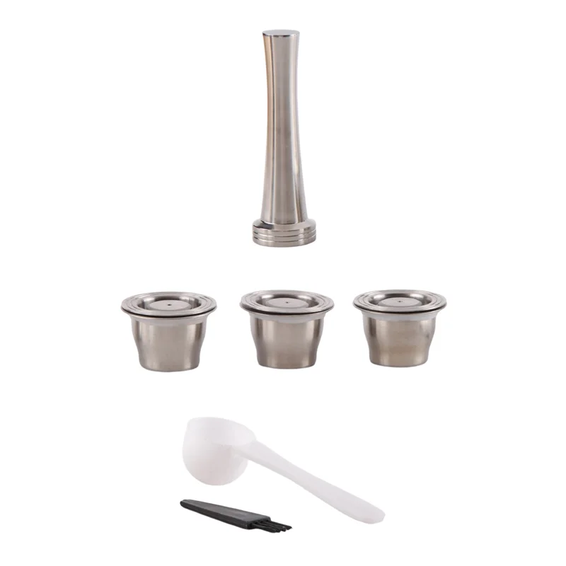 

Capsules Reusable, Stainless Steel, 3 Pieces Refillable Pads For Nespresso + 1 Tamper + 1 Spoon + 1 Brush-BAAX