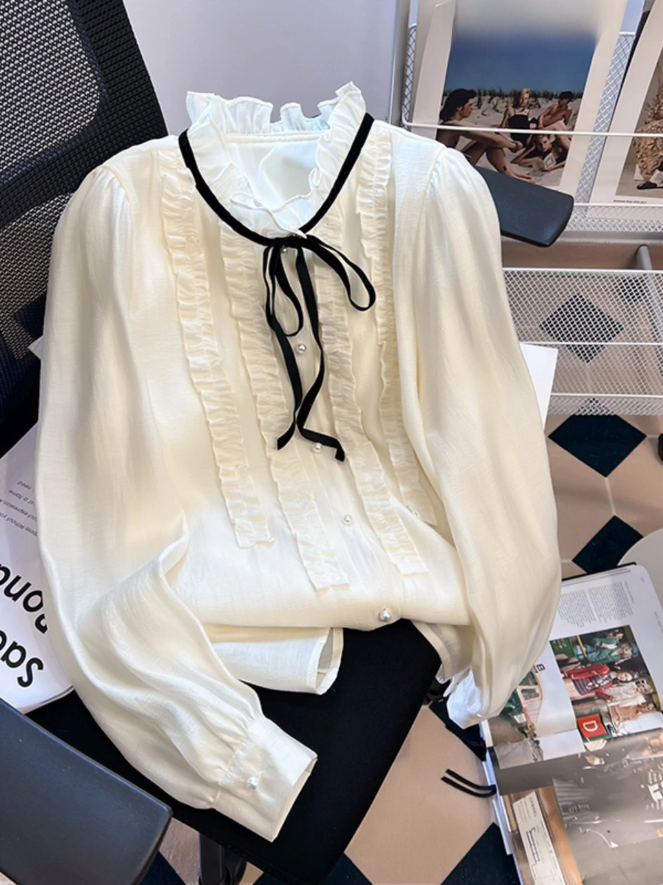 

Knot Front Long Sve Knot irt Women's Spring Autumn Retro Court Lace Chiffon Top Korean Sle Loose Fit round Ne