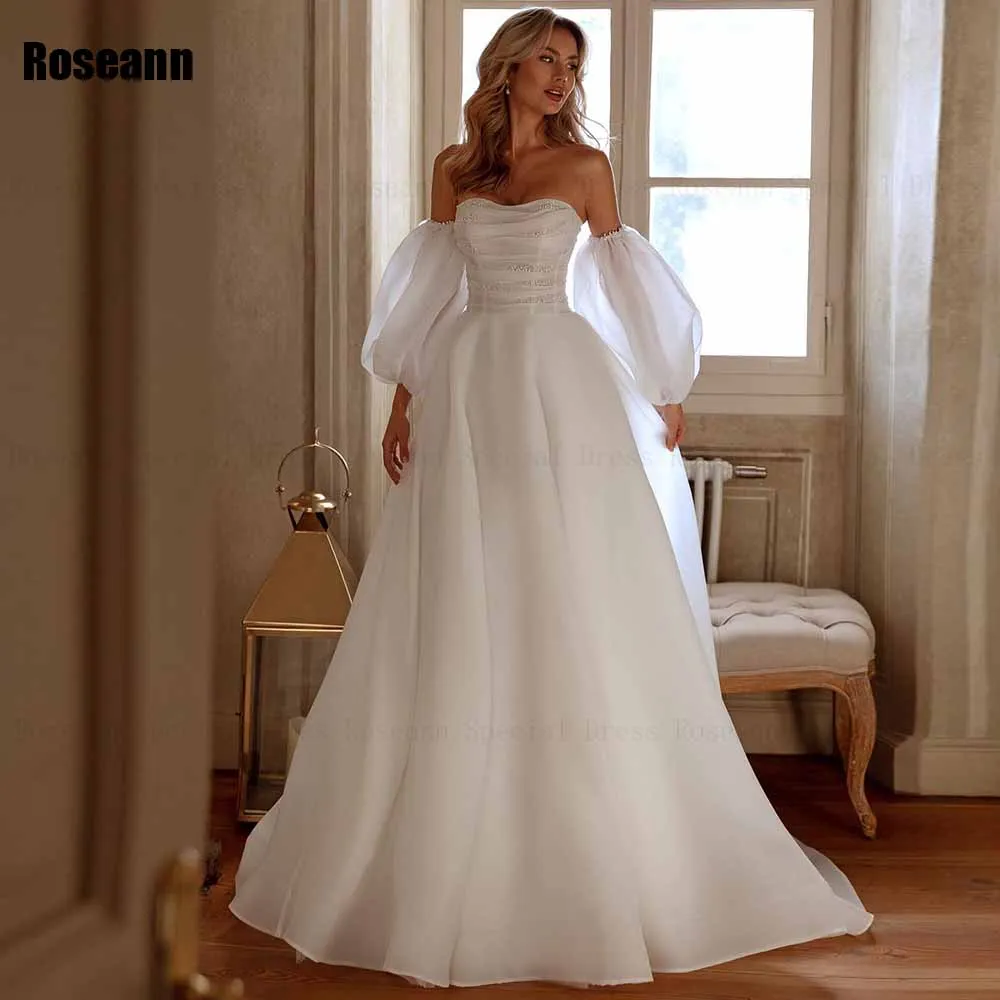 

Fashion 2024 New A-line Wedding Dress Strapless Tull Puff Sleeve Brush Train Open Back Bride Dresses Floor Length robe de mariée