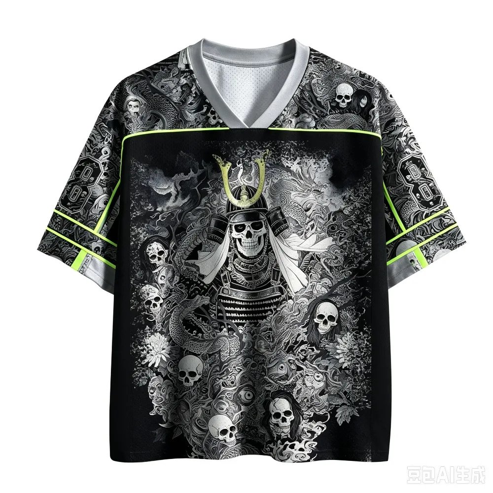 Retro Japanisches Ukiyo-e Samurai-Schädel-Drachen Schnelltrocknend Atmungsaktiv 3D-Druck Herren V-Ausschnitt T-Shirt Street Fashion Hip-Hop Y2K Eltern-Kind – Detail 5