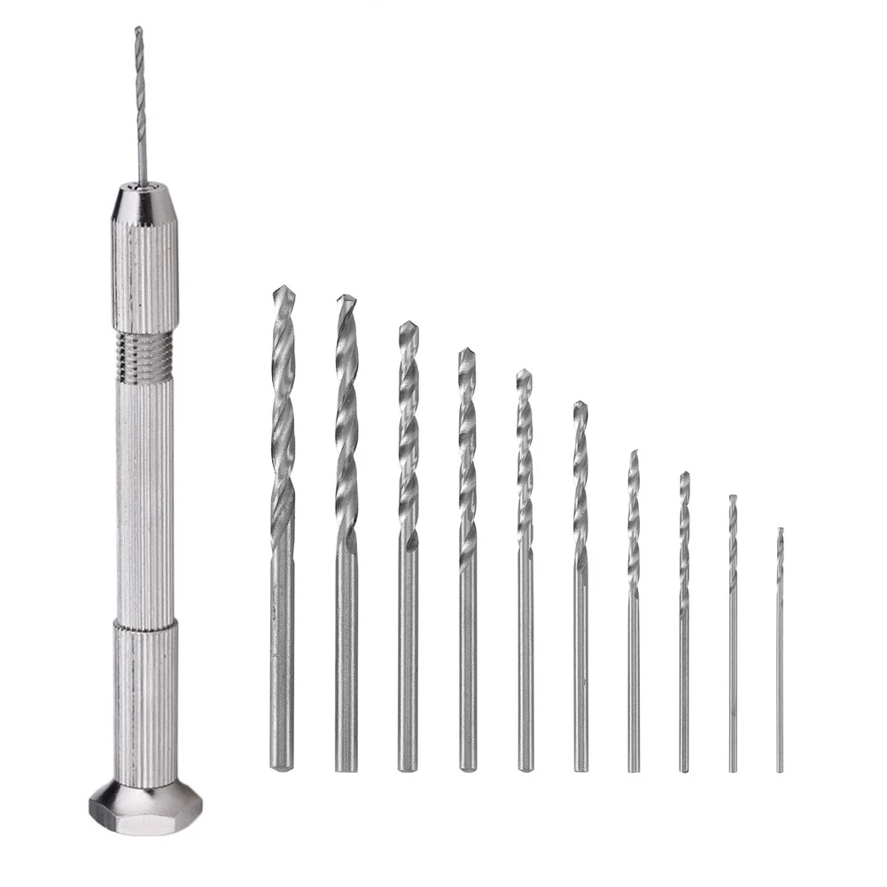 10Pcs 0.8mm-3.0mm Mini Micro Aluminum Hand Drill With Keyless Chuck HSS Drill Bits Woodworking Drilling Rotary Tools