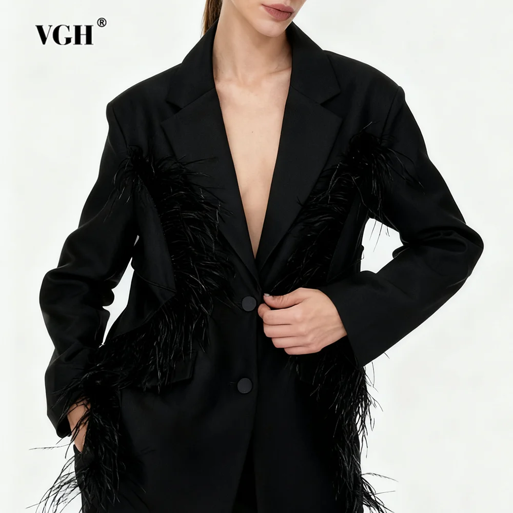 

VGH Design Sense однотонные пиджаки с перьями для женщин с лацканами и длинными рукавами, осенние темпераментные утягивающие куртки, женский модный стиль, новинка
