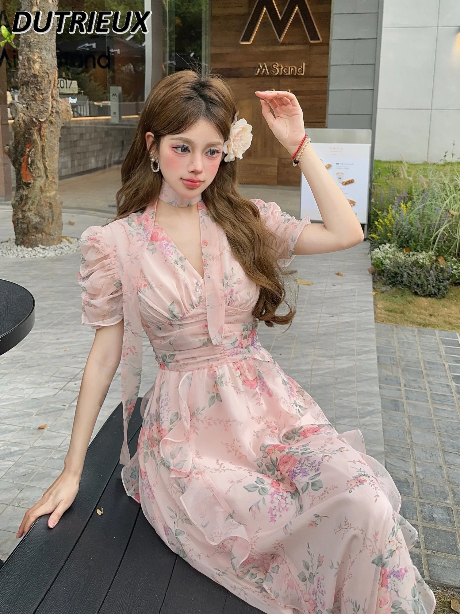 Fashion Chiffon V-neck Dresses for Lady Sweet Cute Long Pink Spring Summer Ribbon Elegant Women\'s Halter Dress 2024 New