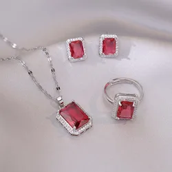 4-piece Set Luxury Red Zircon Geometry Pendant Necklace Earrings Set Designer Original Valentine's Day Gift Jewelry Set