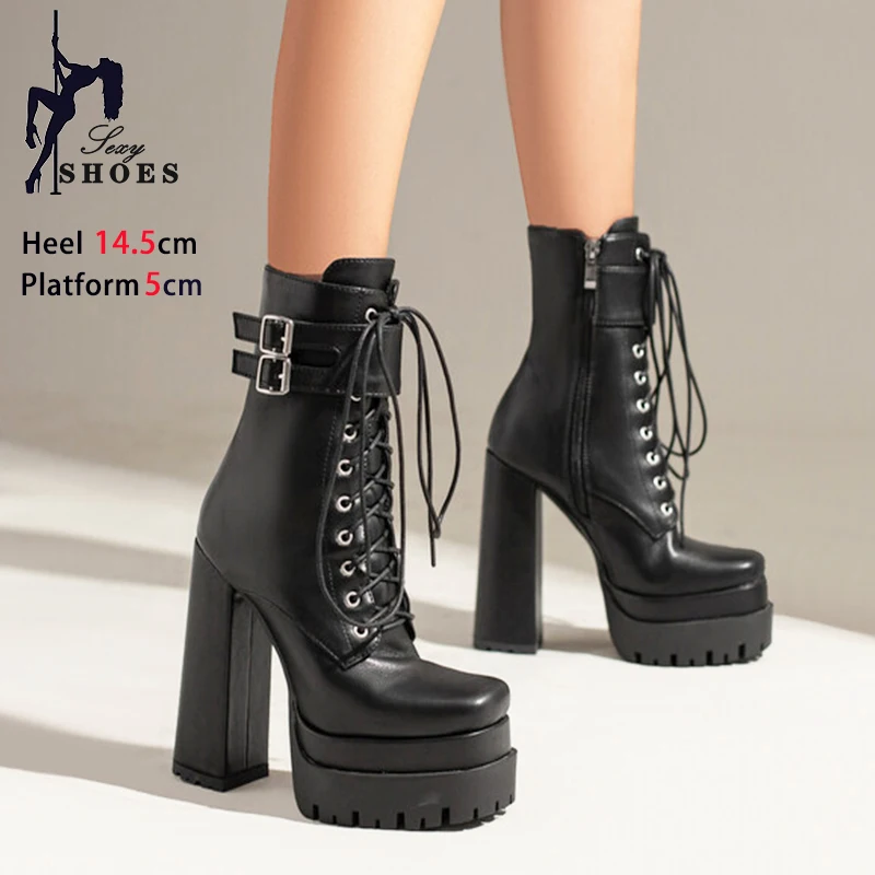 Ladies Ankle Boots Winter 14.5CM Block Heels Lace Up And Zipper Square Toe Platform Short Boots Gothic Style Buckle Women Shoes