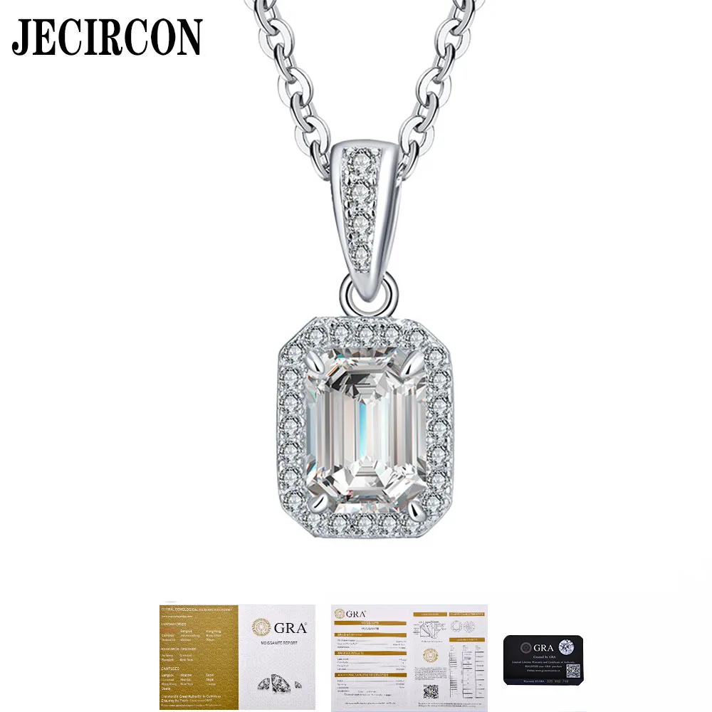 

JECIRCON S925 Sterling Silver Necklace for Women Rectangular Emerald Cut Moissanite Pendant Temperament Clavicle Chain Jewelry