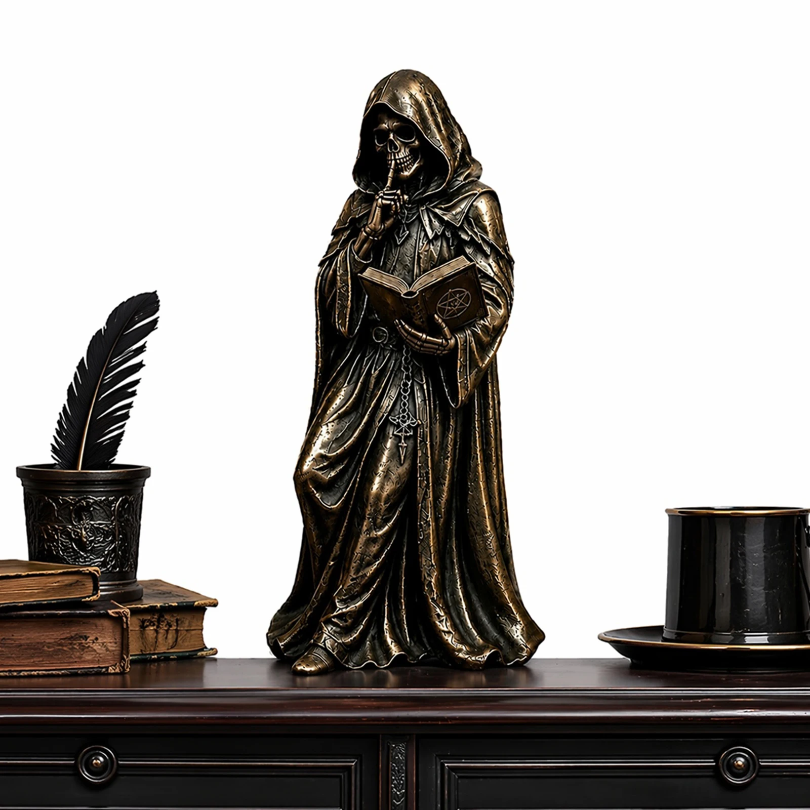 Resin Grim Reaper Bookshelf Statue Gothic Dark Academia Decor Reading Cloaked Figure Library Shelf Office Ornament