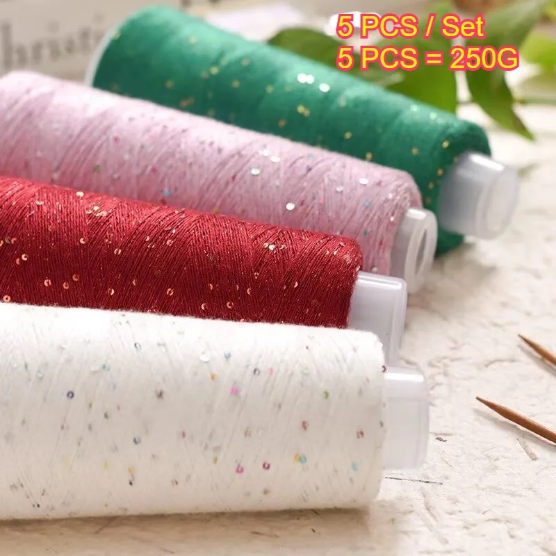 5PCS 250g Summer Yarn Sequins Yarn For Fashion Baby Soft Sweater Shawl Doll Hat Bag Hand Woven Needlework Yarns Mercerized Yarn