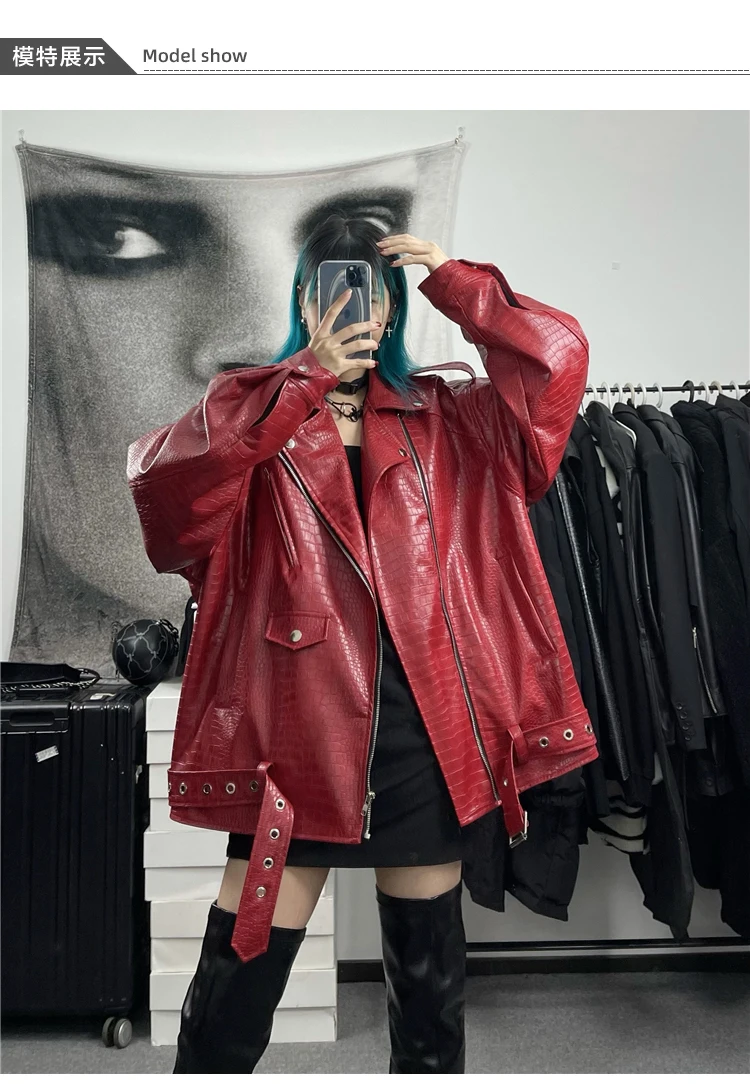 Lautaro Spring Autumn Oversized Red Shiny Crocodile Pattern Leather Biker Jacket Women Long Sleeve Zipper Belt Cool Fashion 2022