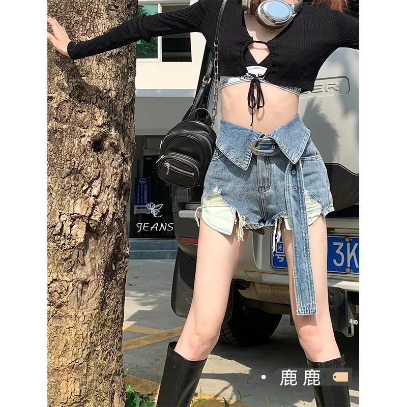 

Spicy girl ripped jeans, women's summer high waist design, wide legs look slim, A-line super shorts, hot and high street pants