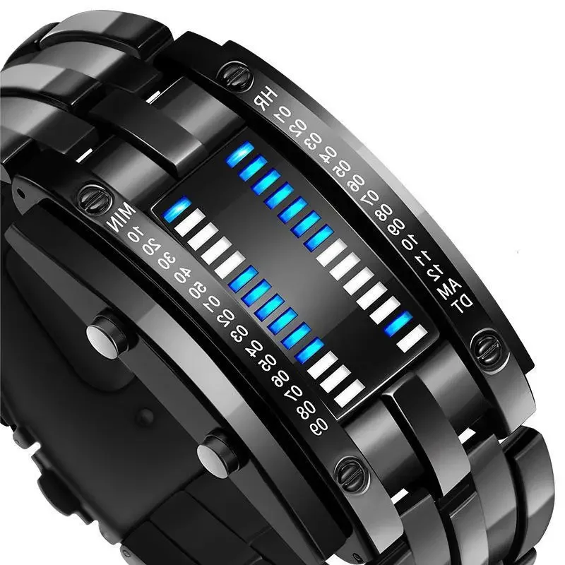 Montre Électronique de dehors pour Homme, Étanche à 50m, Lave, Double Nucleo Lamp, LED, Bande en Acier Binaire