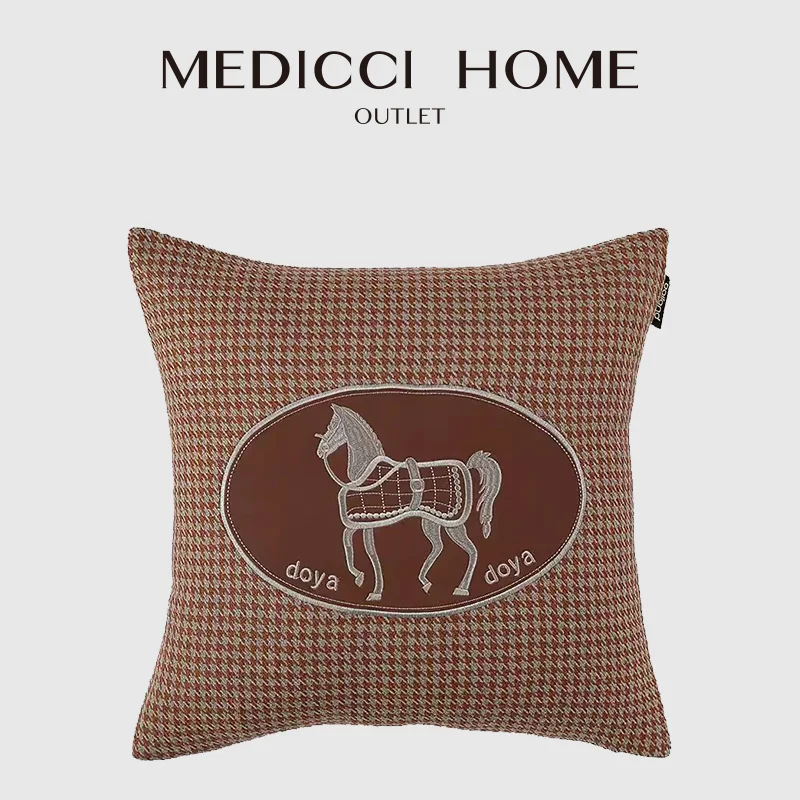 Medicci Home Magnificent Houndstooth Cushion Cover Soft Flannelette Leather Patchwork Orange H Horse Style Pillow Case Coussin