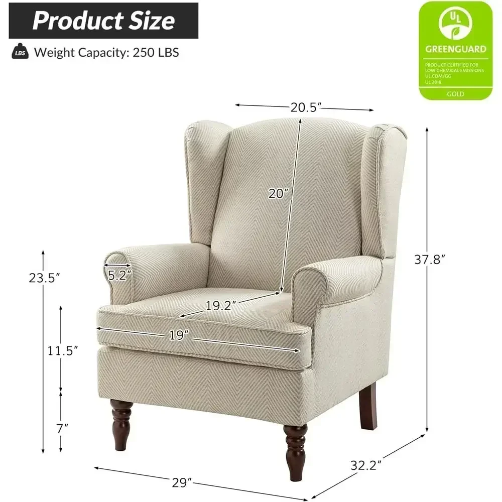 Retro-Style Wingback Chairs Set of 2, Tan Upholstered Accent Chairs with Wooden Legs for Living Room and Bedroom