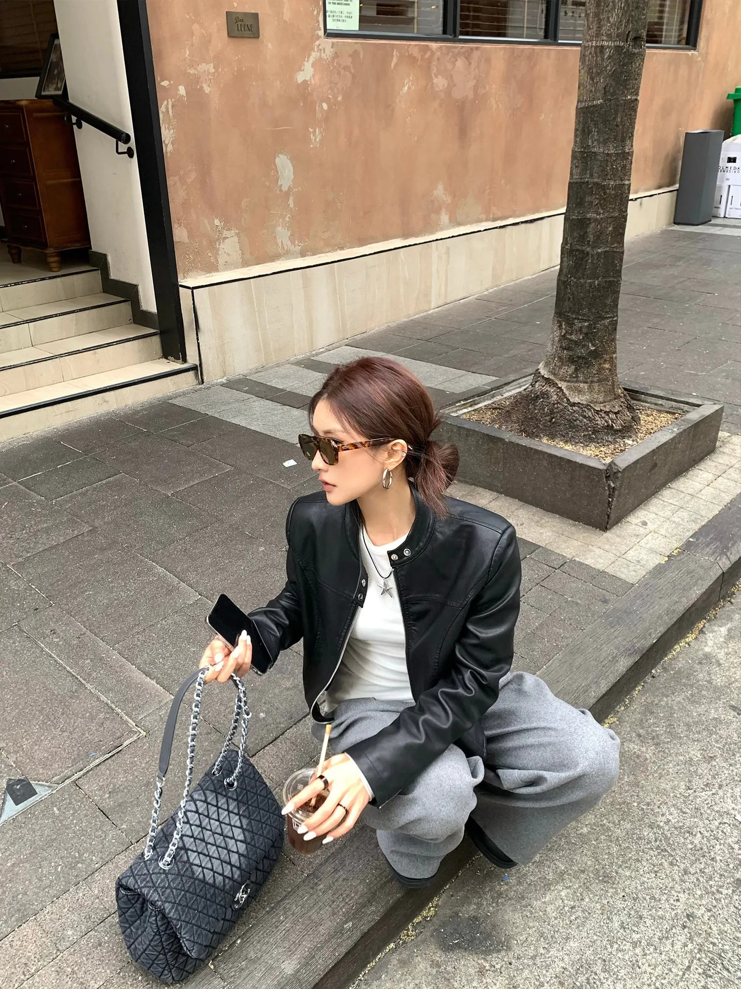 【FANGTING】Women's Black Cropped PU Leather Jacket Spring Stand Collar Zip Up Moto Biker Coat