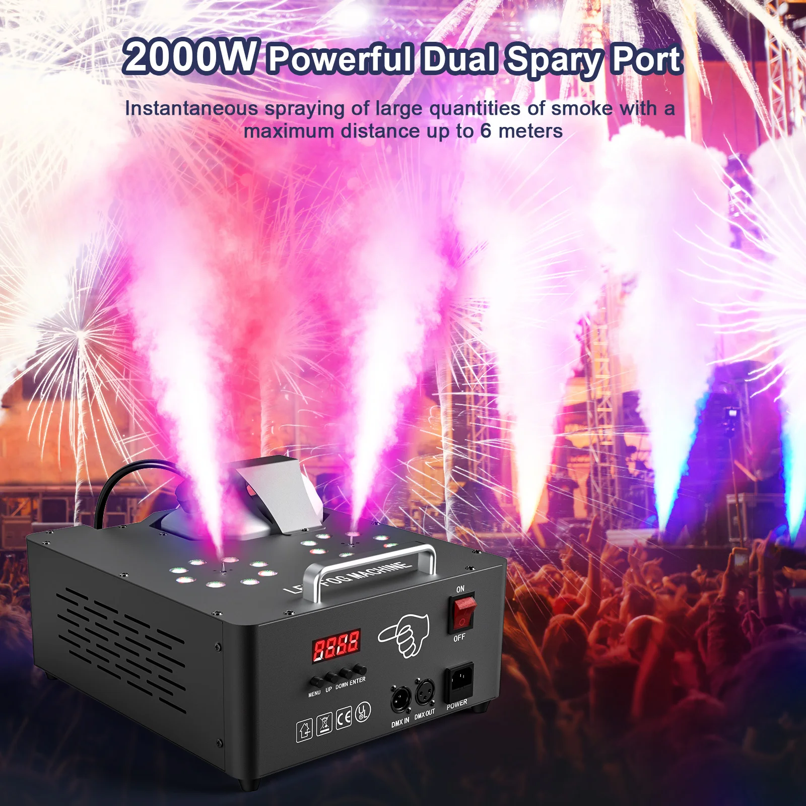 U\'King 2000W Smoke Machine Double-tube Adjustable Fog Machine DMX512 8+8 RGB 3IN1 LED 13CH Stage Colorful Spray Equipment