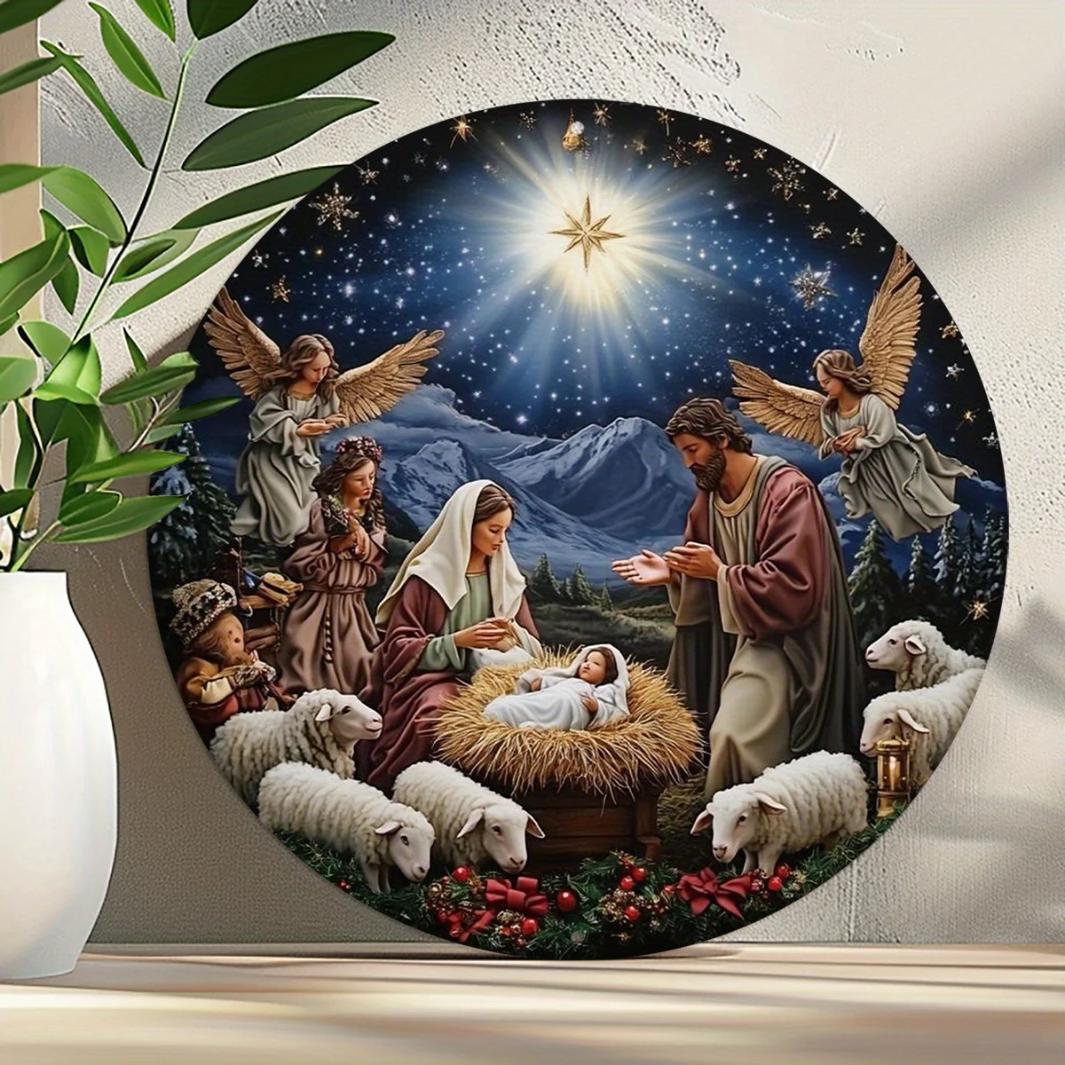 Vintage Farmhouse Nativity Scene Wall Decor - 8x8 Inch Large Stable with Mary,,, Shepherds, Angels - Durable Metal Christmas Dec