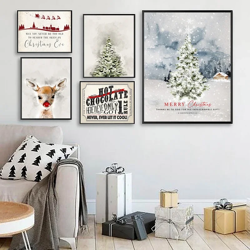 Christmas Decoration Rudolf The Red Nose Deer Art Prints Pine Tree Winter Canvas Painting Nursery Wall Pictures Christmas Gifts