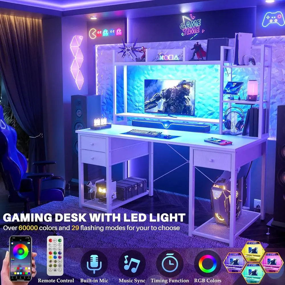 LED-lit Outlets Gaming Desk with Hutch, 47.2 Storage Drawer Computer Desk, Reversible Large Workstation Desk with Bookshelf for