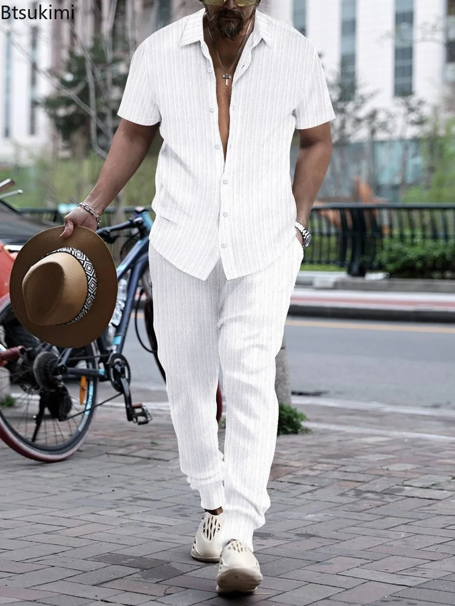 Men's Summer 2PCS Sets Jacquard Striped Short Sleeve Shirts and Shorts Men Casual Holiday Beach Wear Pants Suits Shirts Sets New view 6