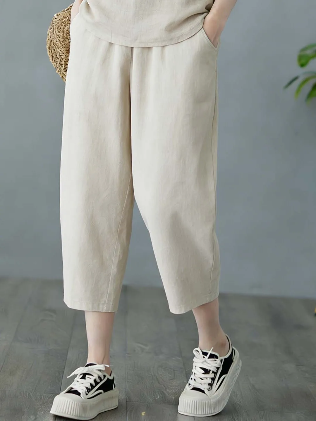 High Waist Cotton Linen Elastic Waist Women's Artistic Harlan Pants Summer Loose Slimming Casual Trousers Seven-eighths Length
