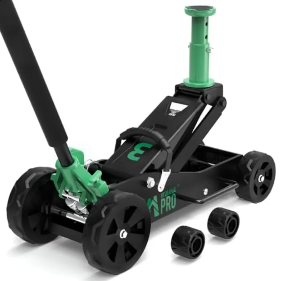 

Off-Road Truck SUV Jack: 3 Ton Aluminum, Black/Gray, Dual Pump Quick Lift with Locking Saddle 2 Large Replaceable Wheels