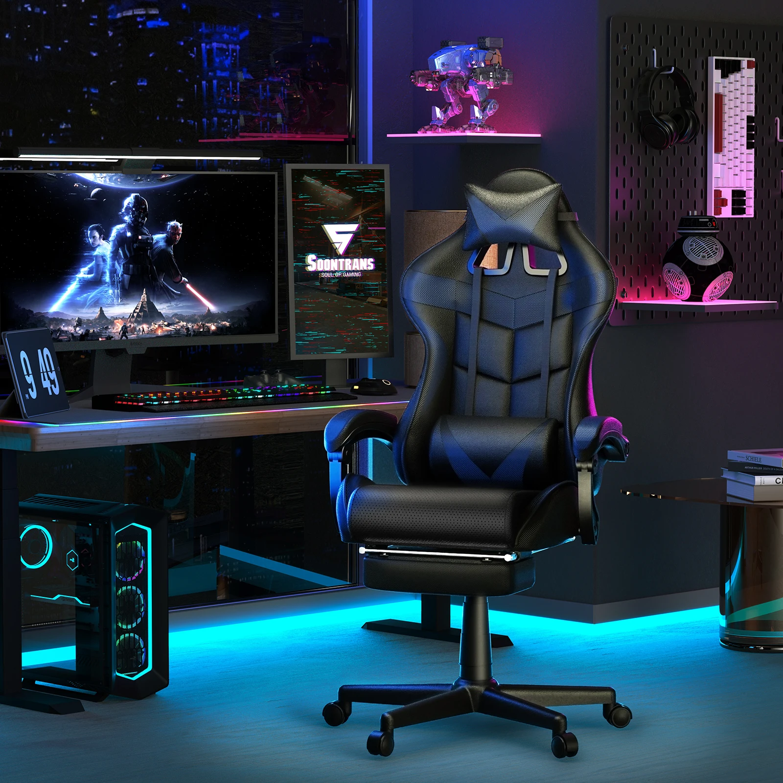 Silla de Juego Soontrans con Masaje, Reposapiés, Reposacabezas y Cojín Lumbar con Función de Masaje, Reposabrazos Acolchados, Silla Ergonómica para Gamers, Transmisiones en Vivo por YouTube, Xbox