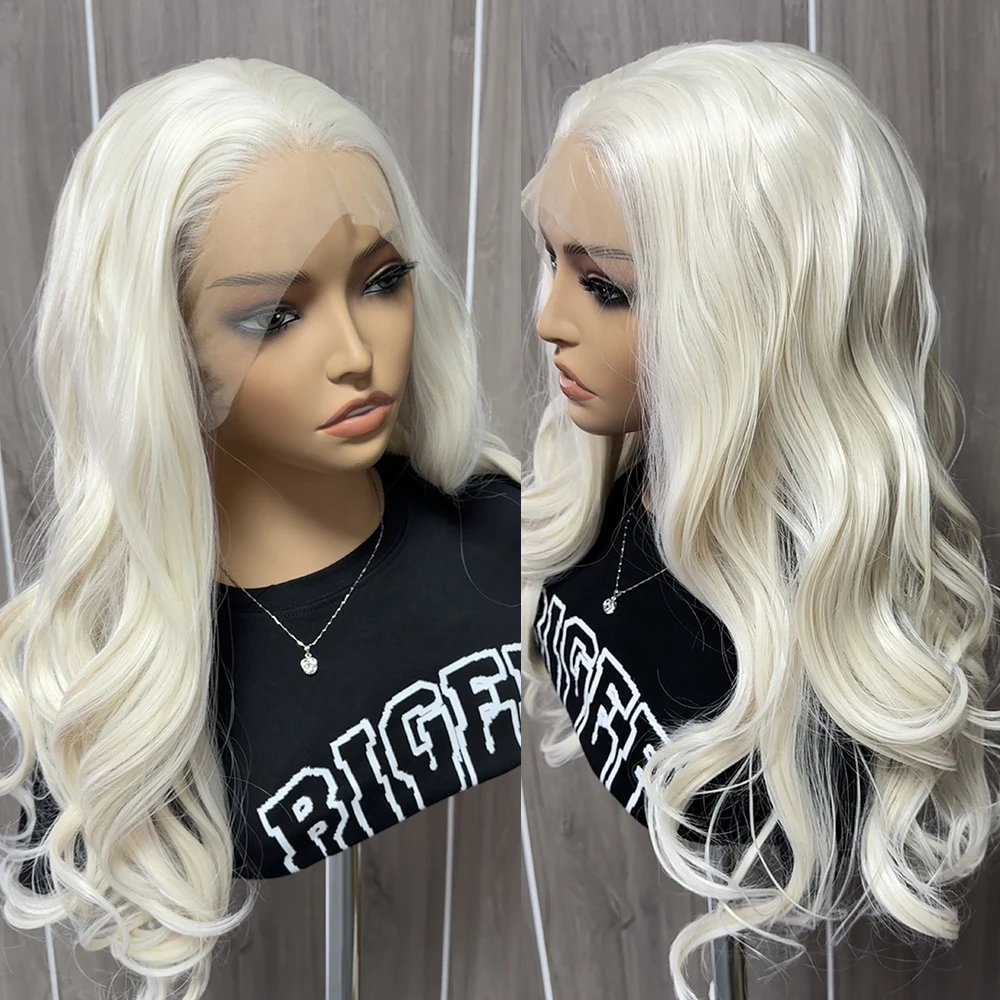 Platinum Blonde Wave Wig Synthetic Lace Front Wigs For Women White Blonde Natural Wave Lace Hair Long Wave Wig Cosplay Wig Party