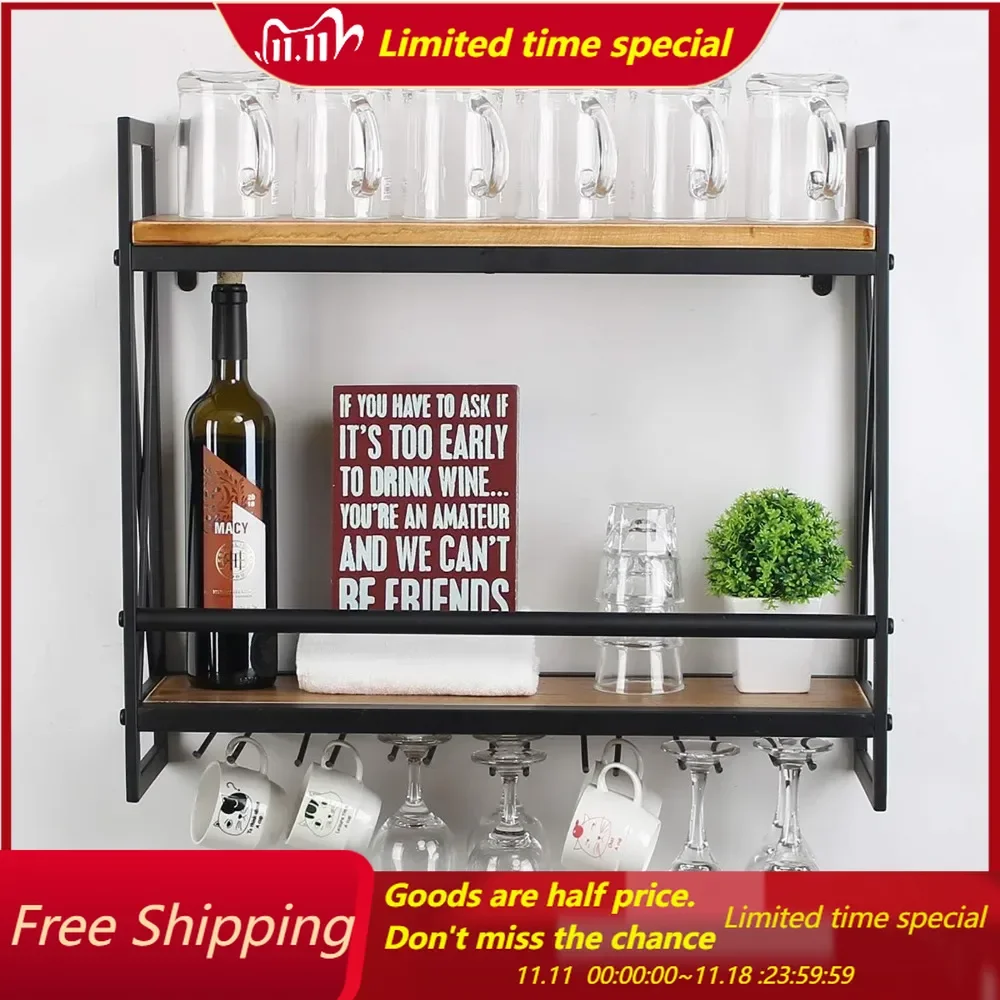 

Rustic Wall Mounted Wine Racks with 6 Stem Glass Holder,23.6in Industrial Metal Hanging Wine Rack