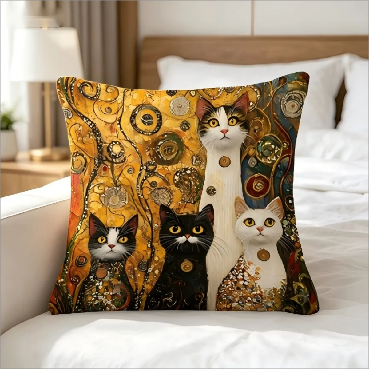 Klimt-inspirierter Katzen-Druck Kissenbezug, Goldene Jugendstil-Katzen Dekorative Kissenhülle