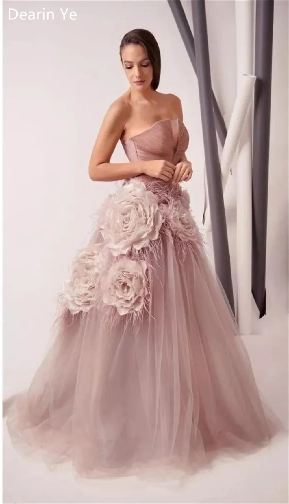 Personalizado vestido de baile arábia saudita formal dearin sem alças bola até o chão saias drapeado tule sem mangas apliques flor 3d be