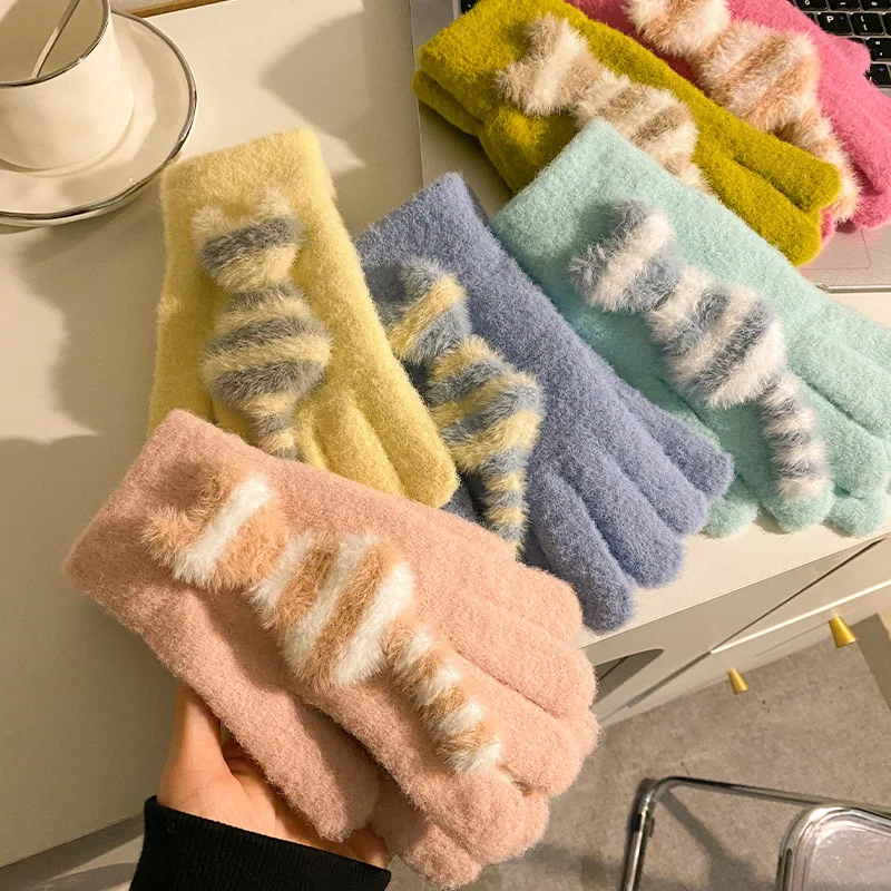 1 Pairs قفازات السيدات لطيف المشارب ثلاثية الأبعاد كيتي Kawaii الحلو لطيف مضحك غزل محبوك رشاقته الدافئة عالية الجودة القفازات لفتاة