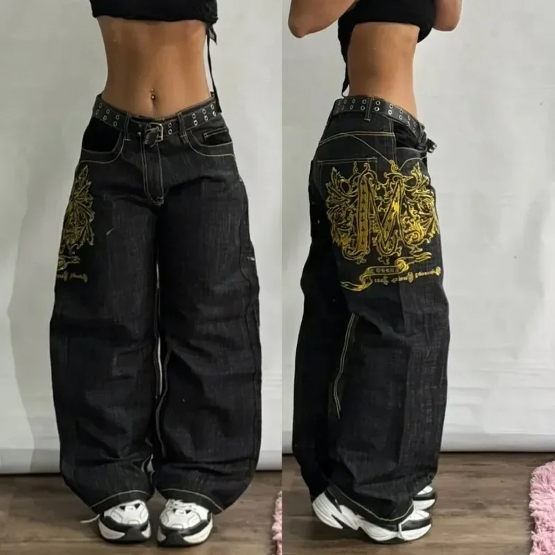 Southpole Y2K vintage 90s fashion wing pattern baggy jeans women\'s new Harajuku Gothic high waist wide leg wide trousers