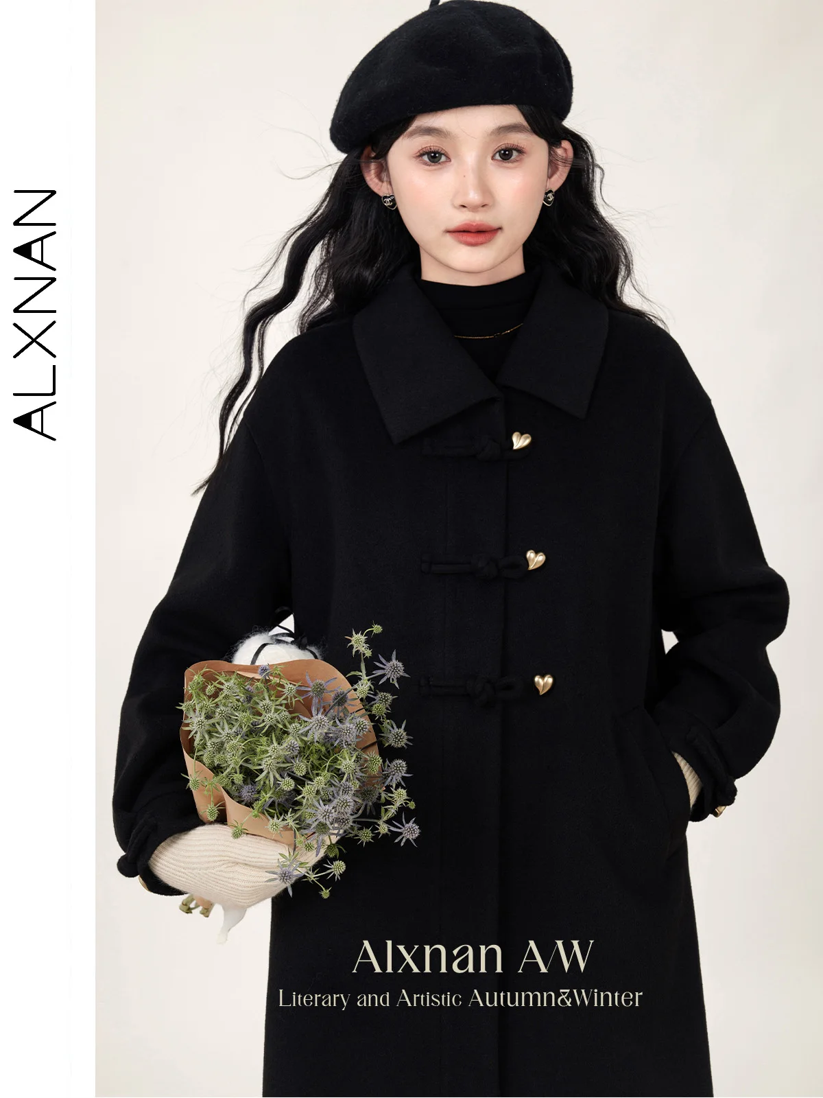 ALXNAN Black Woolen Coat for Women Autumn Winter Polo Collar Drop Sleeve Heart Button 2024 Female Commuter Long Outerwear L51208