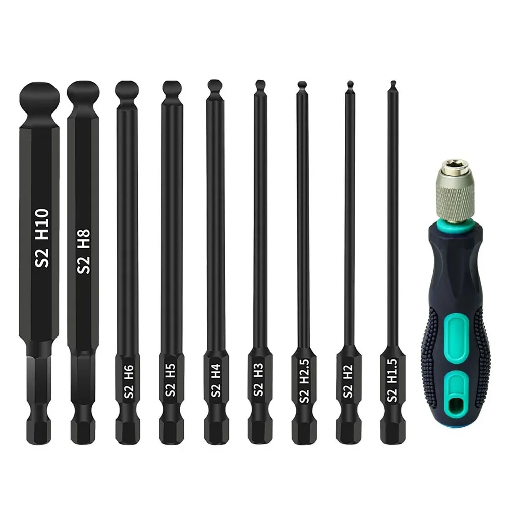 9Pcs 100mm Ball End Screwdriver Bits Hex Head Wrench Drill Bit 1/4 Inch Hex Shank Magnetic Tip Hex Key Socket Driver Bits