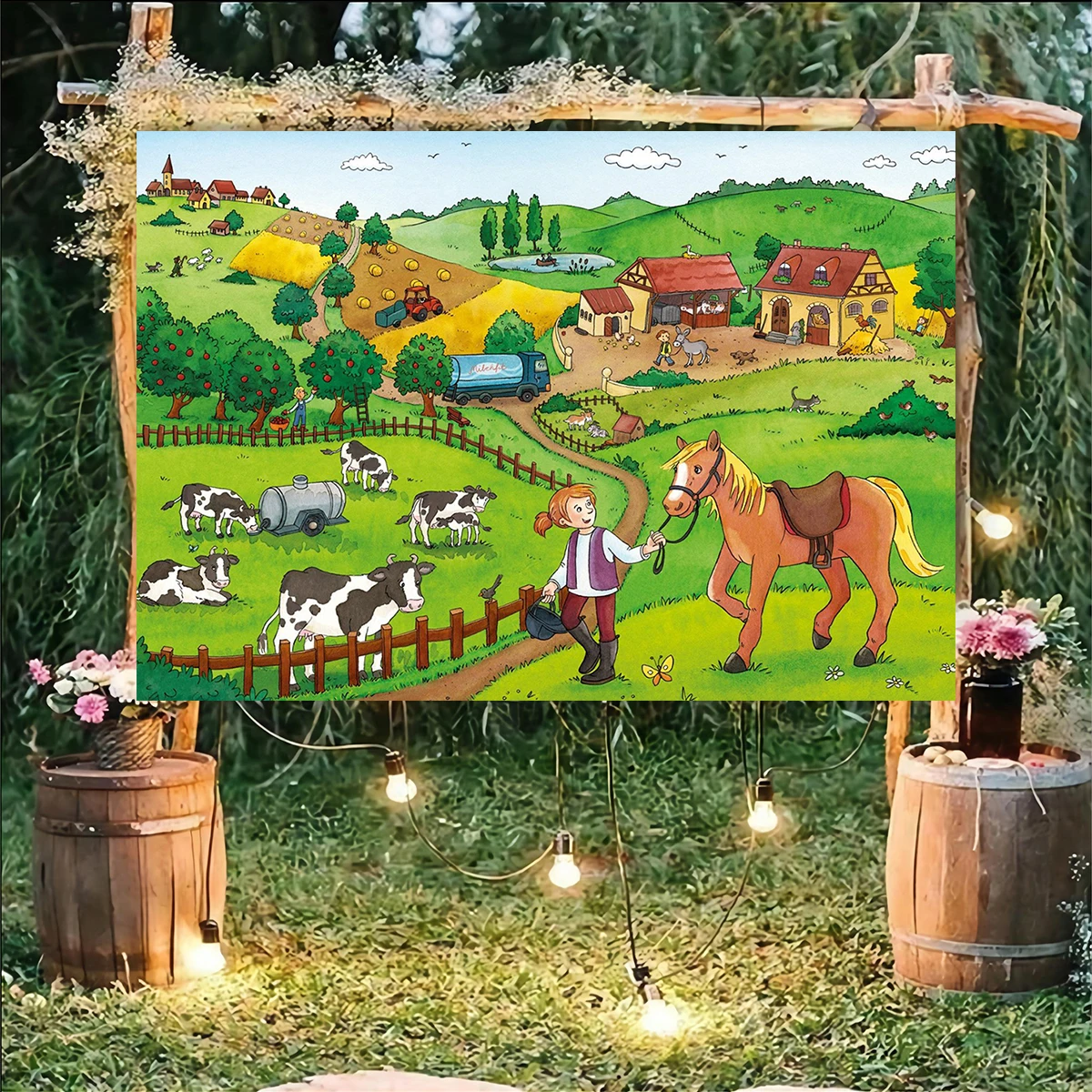 Green Hill bovini da latte campagna sfondo festa di compleanno decorazione gallo cavallo camion fotografia Banner fienile recinzione sfondo