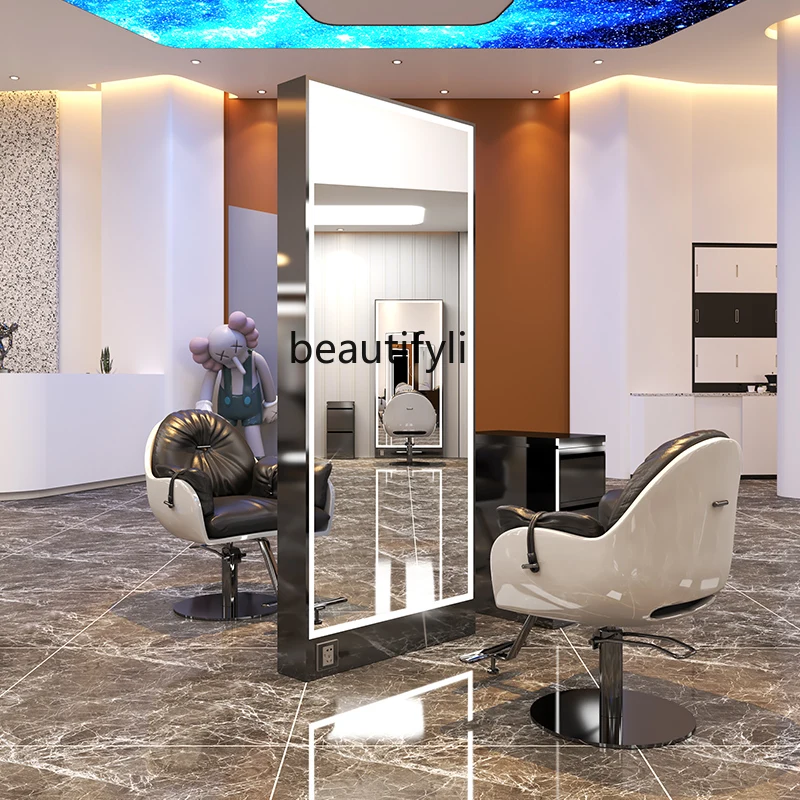 Barber Shop Mirror Stainless Steel Single Double-Sided Floor Mirror Hair Salon Makeup Mirror Hair Salon Mirror