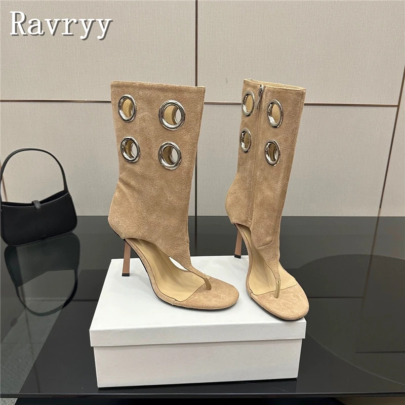 

Pinch Toe Suede Leather Thong Sandal Boots Women New Metallic Ring Stiletto Heel Summer Cool Mid Calf Boots