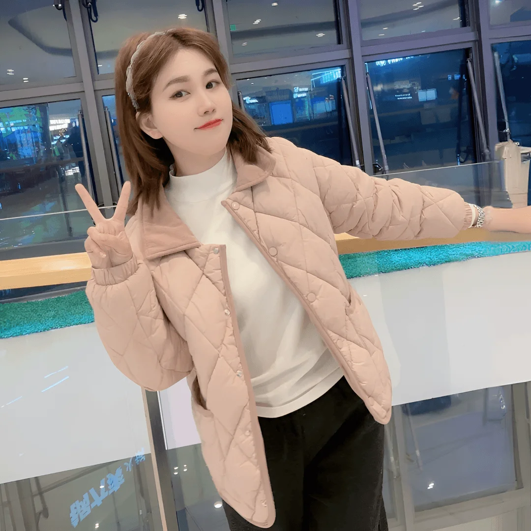 Simple Diamond Turn-down Collar Cotton-padded Jacket Women Short Short Short Loose Cotton-padded Clothes