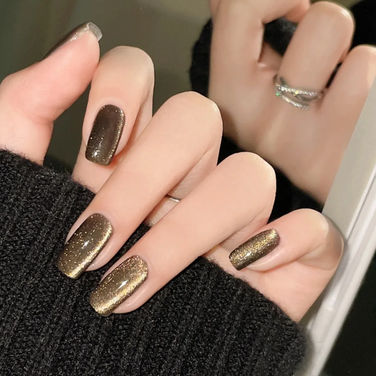 24 pçs preto curto imprensa em unhas glitter quadrado olho de gato unhas falsas arte datchable cobertura completa unhas ponta reutilizável unhas falsas