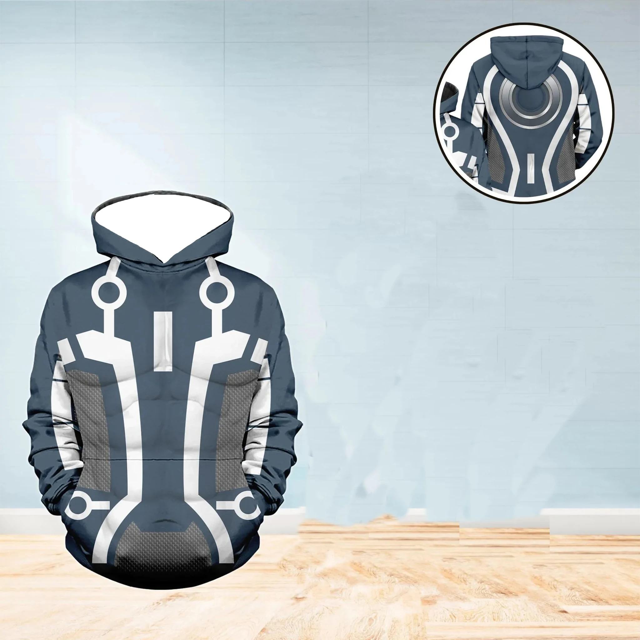 جديد الرجال الأبيض مقنعين البلوز الخيال العلمي ترون الدائرة ضوء نمط طباعة الخريف الشتاء عارضة الشارع الشهير أعلى