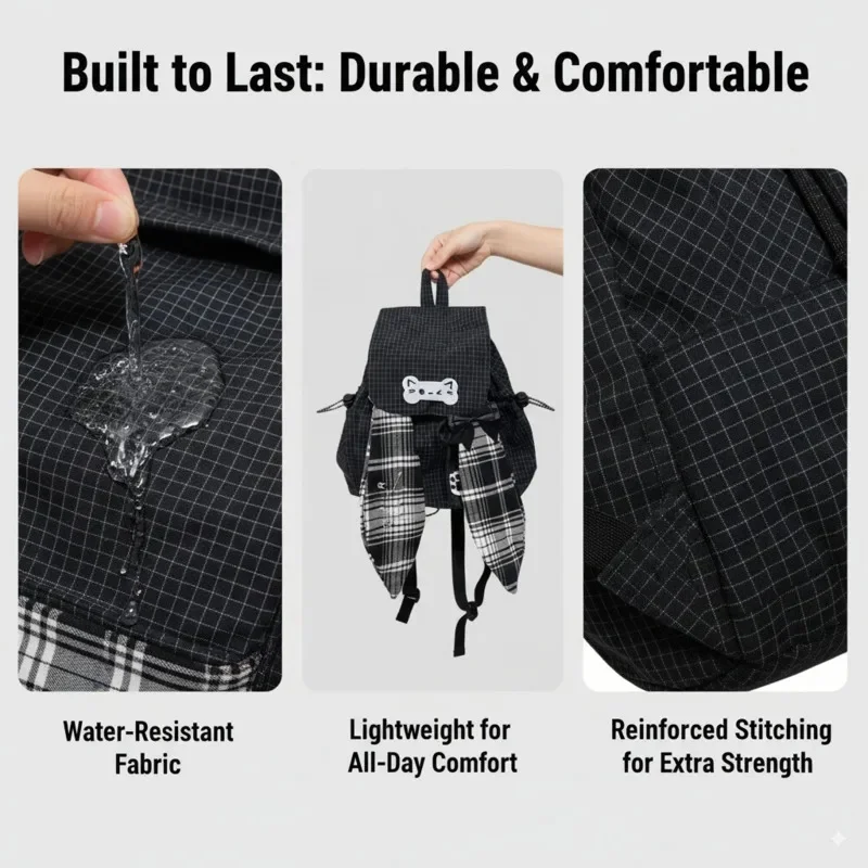 

Bunny Backpacks Grid Ear Bone Backpacks Cat Y2K Versatile Cute Student Black White Plaid Bow Lightweight High Capacity Backpacks