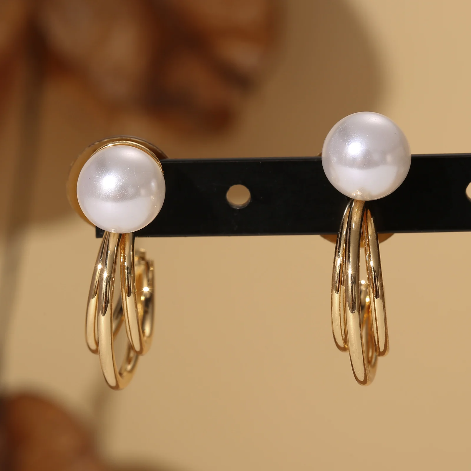 Golden Triple Layer Pearl C Hoop Earrings for Women Elegant Jewelry Gift