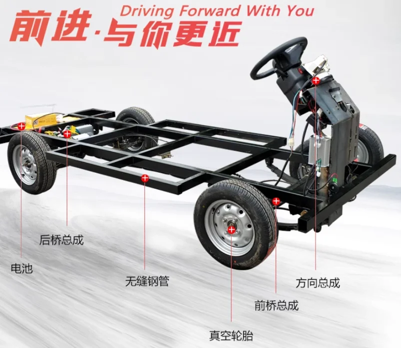 Intelligent electric four-wheeled snack truck multi-functional handling load front accessories widening frame chassis assembly