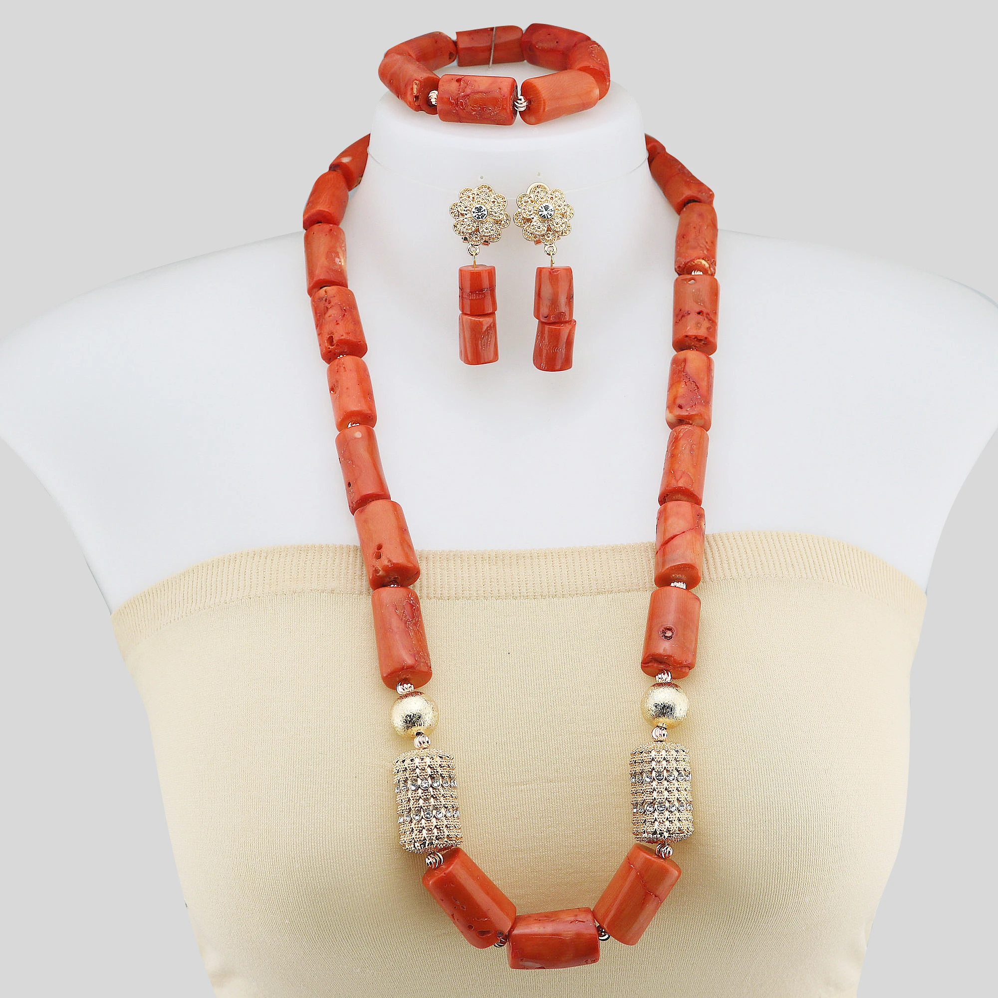 Single layer Artificial Coral Beads Long Necklace Bracelet Set for woman and Man Nigeria African Wedding Jewelry Accessorise