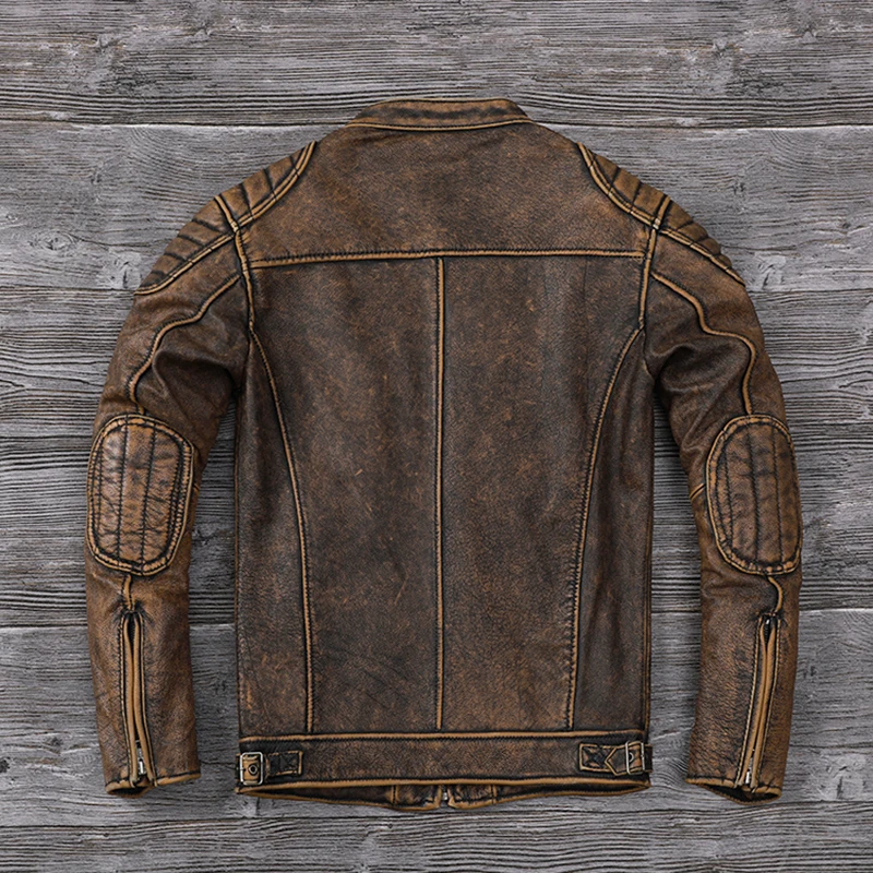 Vintage Distressed Top Layer Cowhide Corium Coat Men Stand Collar Corium Moto Jackets Spring Autumn High Quality Calfskin Jacket