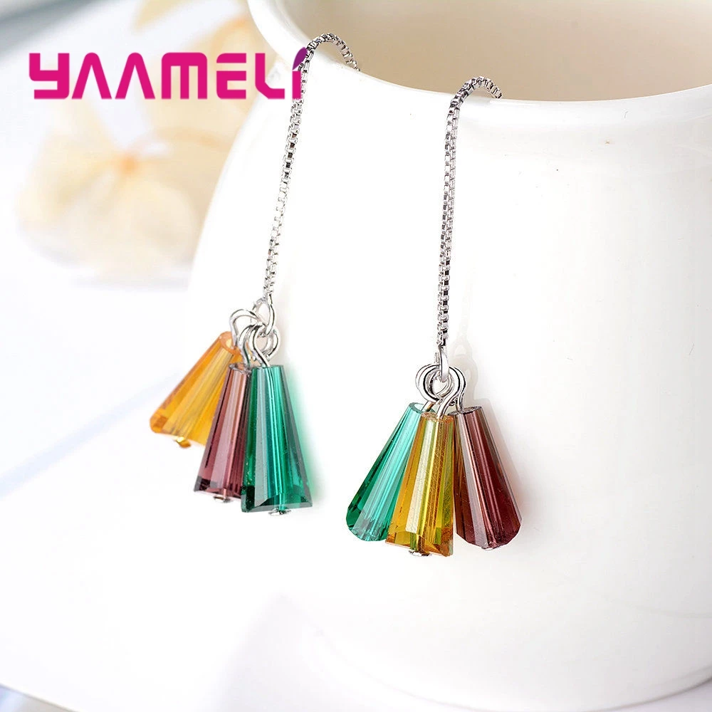Sweet Coloured Glaze Drop Earring S925 Sterling Silver Color Long Tassel Ear Accessory for Women Female Ethnic Stylish Jewelry