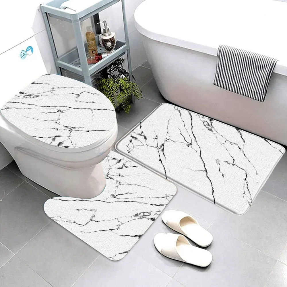 3pcs Sets Black Marble Bath Mats Gold Grey Lines Creative Abstract Geometric Art Home Bathroom Door Rug Anti-Slip Toilet Lid Mat