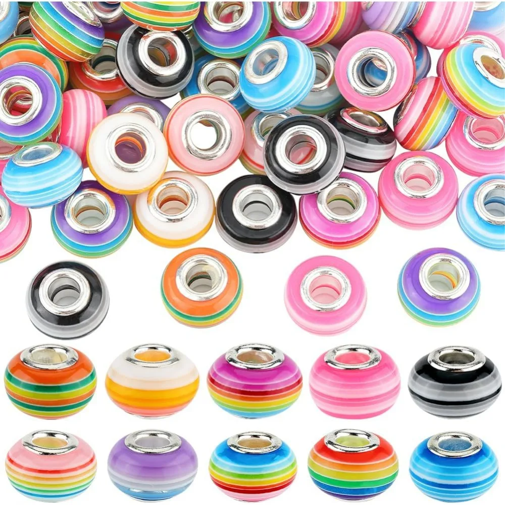 

1 Box 80pcs 10 Styles 14mm Large Hole Beads Large European Beads Bulk Big Colorful Cute Resin Alloy Rondelle Spacer Fairy Wands