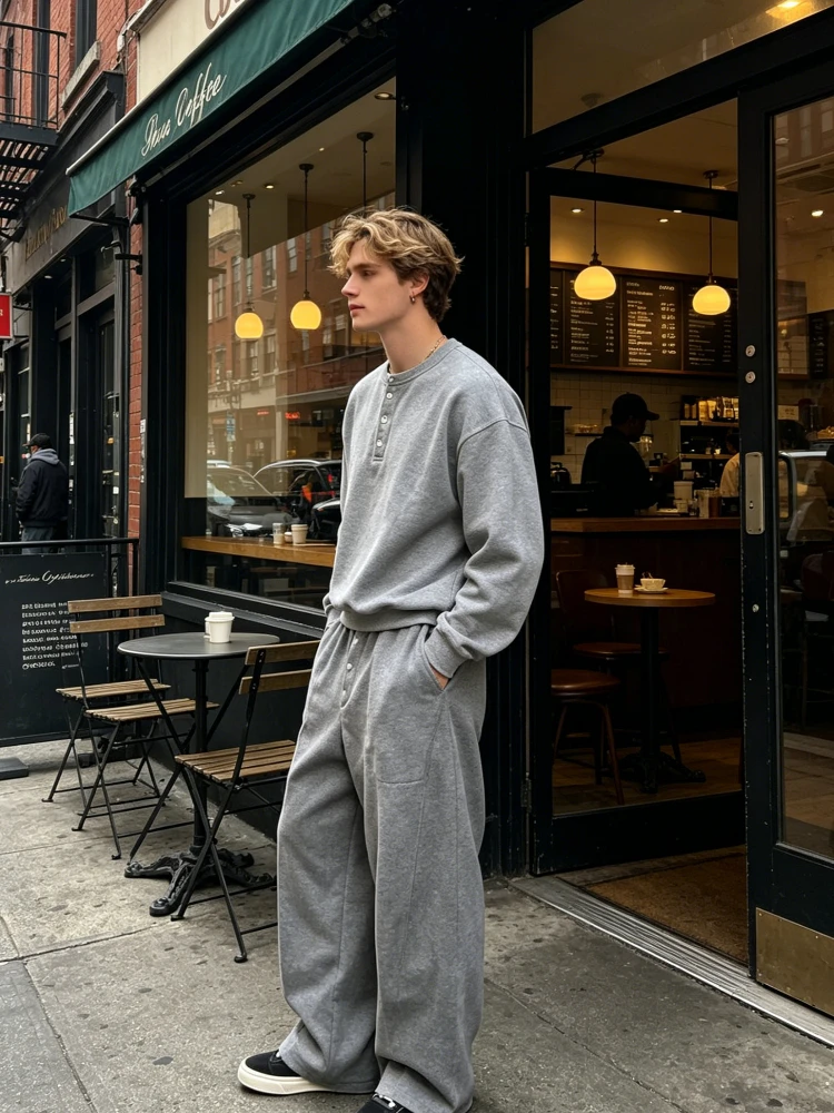 

Retro grey wool loose pants, high waisted elastic front buckle curved wide leg pants, Hariku street snap casual pants suitable f