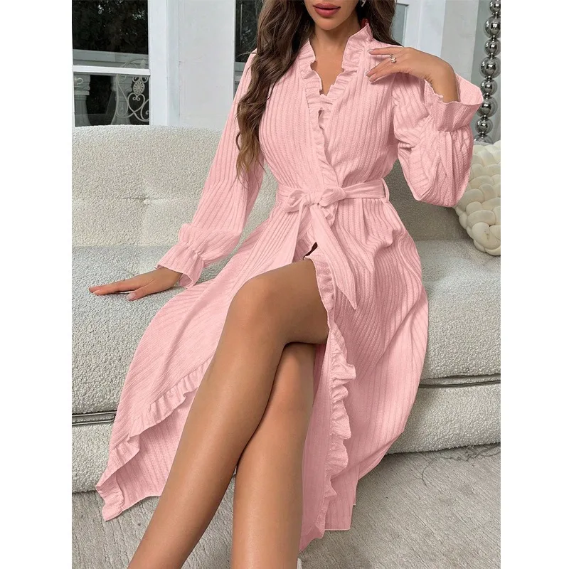 Women's Long Sleeve Autumn Pajamas with Lace-Up Waist,Sweet Fungus Edge Design European American Style Loungewear